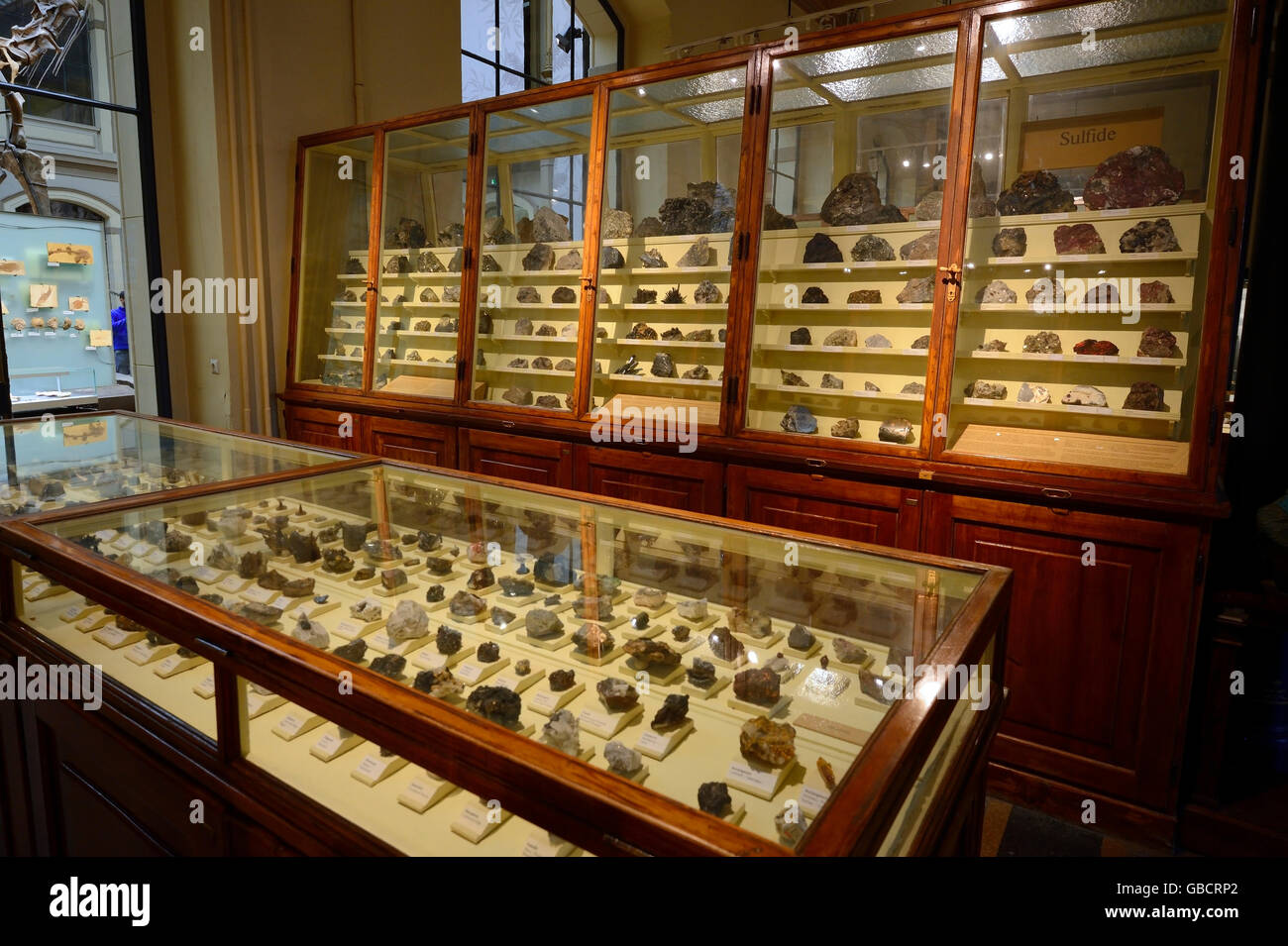 Minerali storica in cabine di vetro, il museo di storia naturale di Berlino, Germania Foto Stock