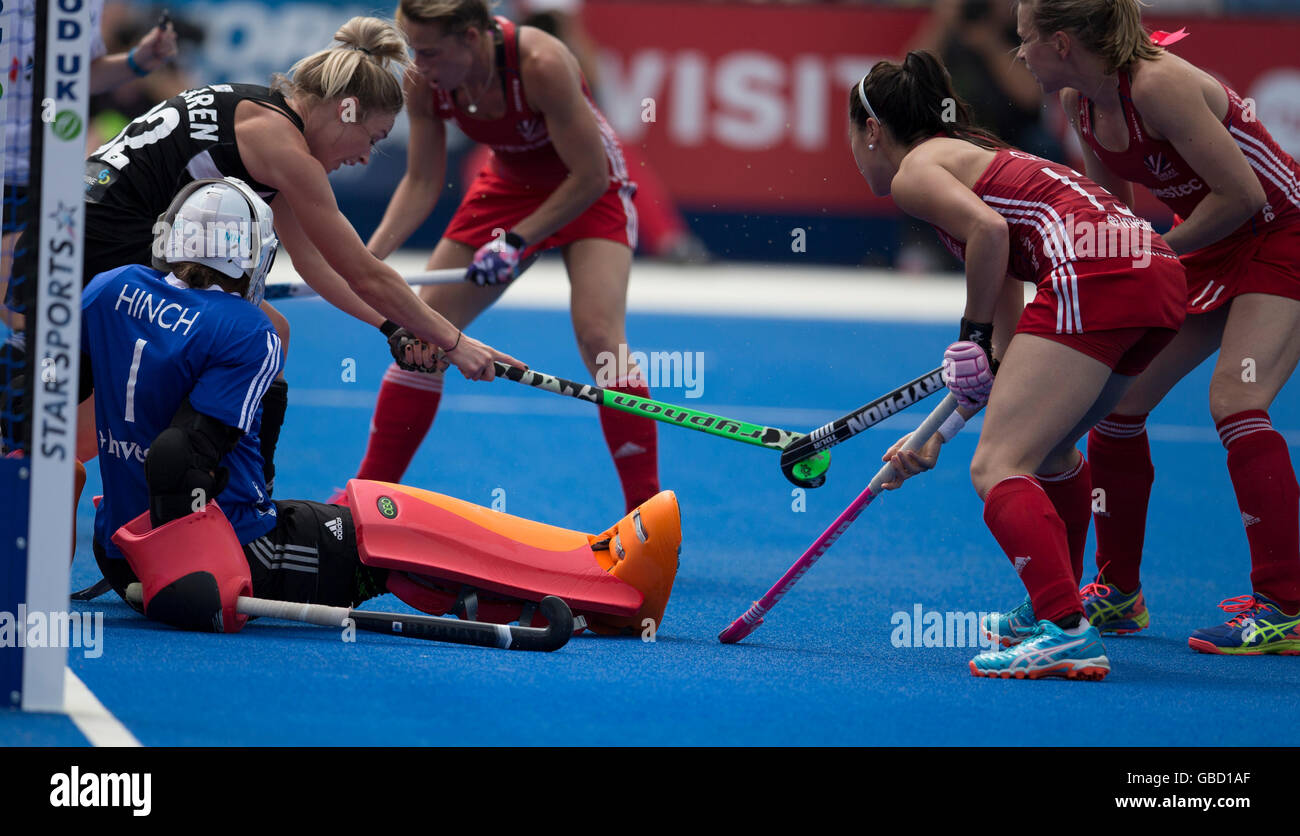 Investec femminile, Hockey Champions Trophy, giugno 2016, Londra. Azione Goalmouth, GB v Nuova Zelanda Foto Stock