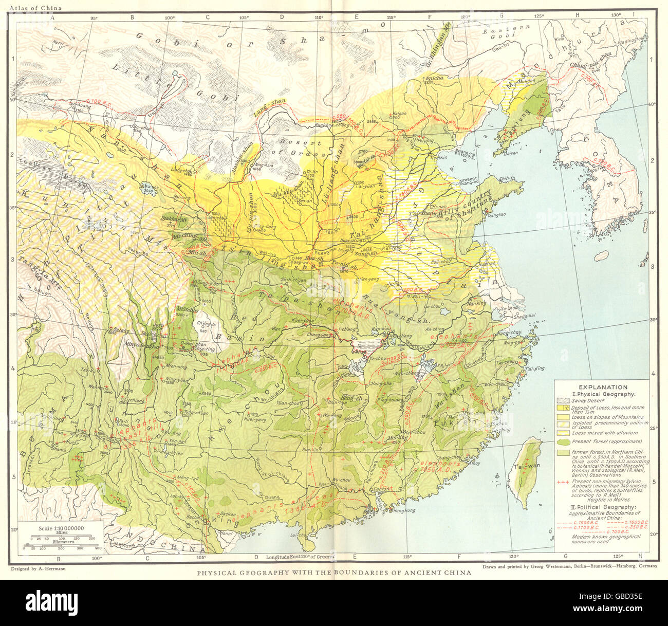 Cina: geografia fisica con i confini della Cina antica, 1935 mappa vecchia Foto Stock