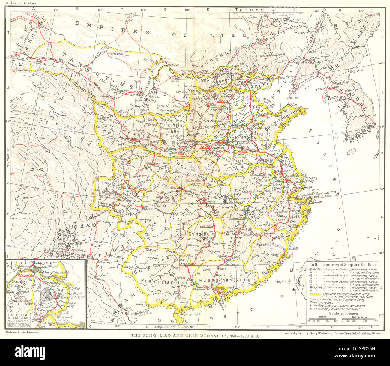 Cina:Il cantato,Liao e dinastie Chin,96-1280 annuncio;Inset Yangtse Delta, 1935 Mappa Foto Stock