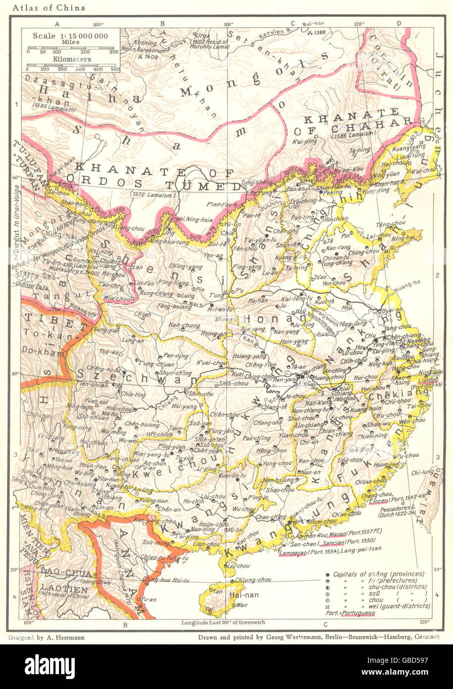Cina: la dinastia Ming, 1368-1644 AD-confini di 1580 Annuncio, 1935 Vintage map Foto Stock