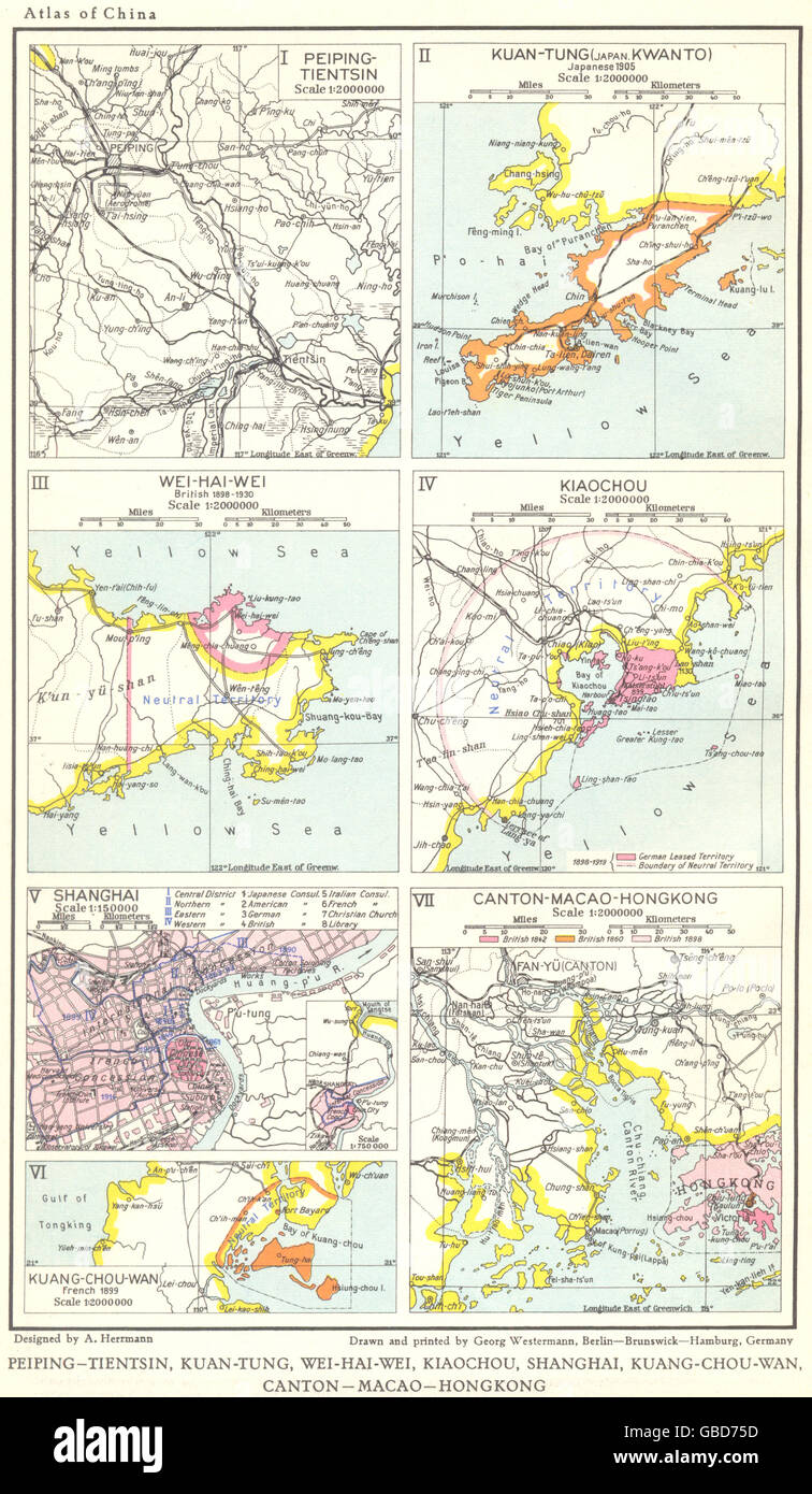 Cina enclavi straniere: KuanTung WeiHaiWei Kiaochou Shanghai Hong Kong, 1935 Mappa Foto Stock
