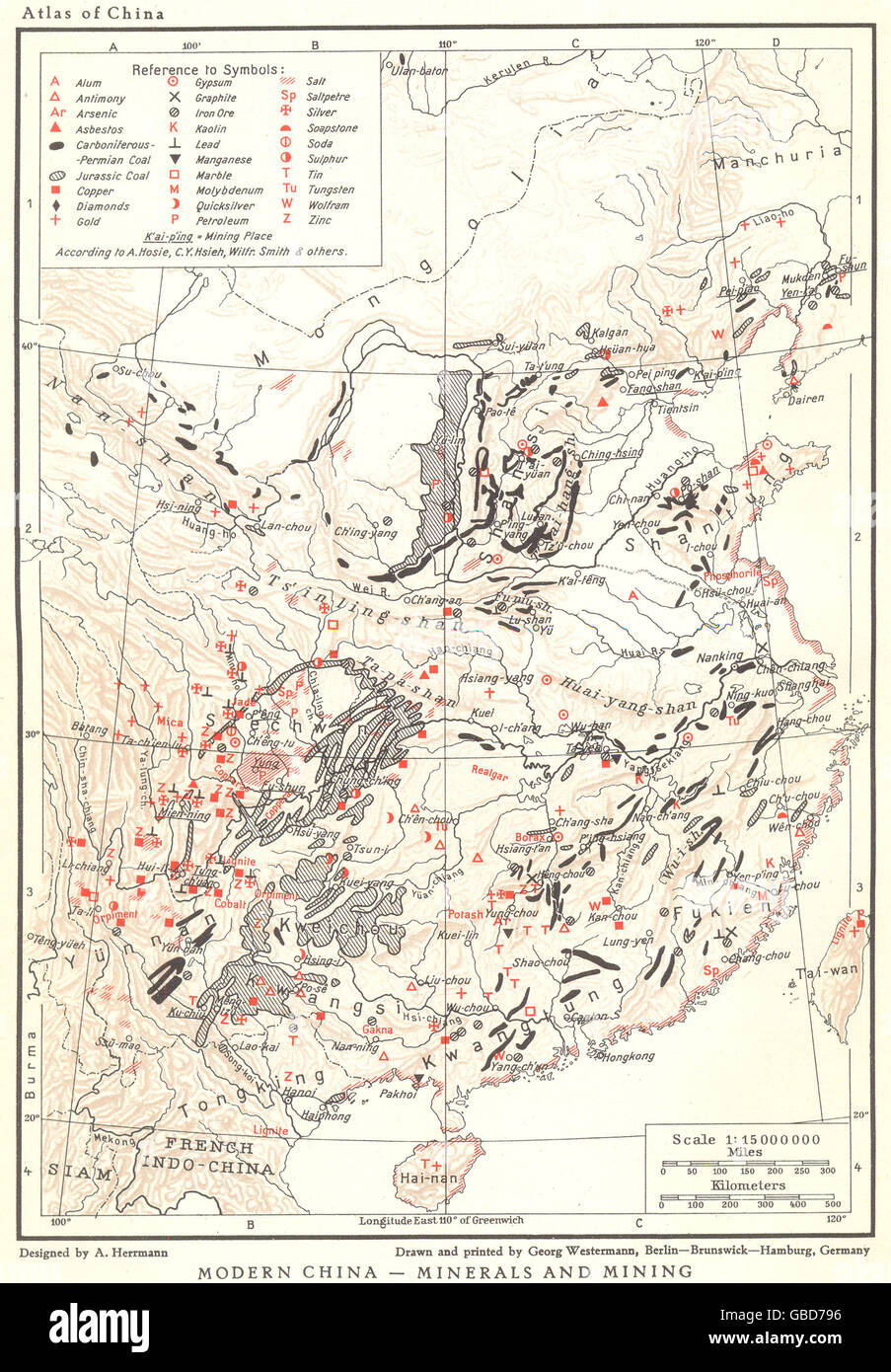 Cina risorse: metalli, minerali e miniere, 1935 Vintage map Foto Stock