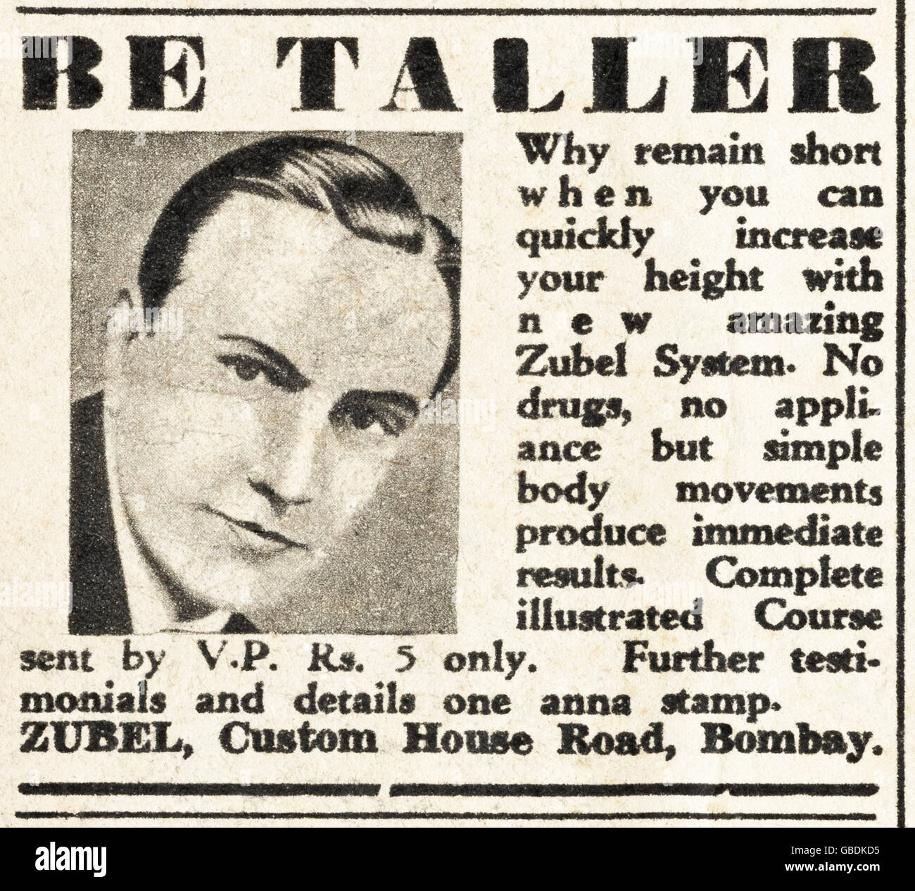 Pubblicità Pubblicità sistema Zubel per essere più alti mediante semplici movimenti del corpo originale vecchia vintage annuncio dalla lingua inglese magazine pubblicato in India datata 1945 Foto Stock
