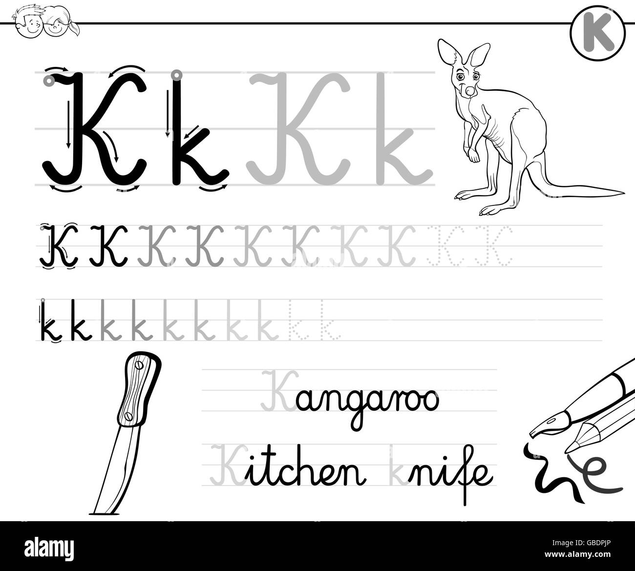 Bianco e Nero Cartoon illustrazione di abilità di scrittura pratica con la lettera K, Foglio di lavoro per i bambini Libro da colorare Illustrazione Vettoriale
