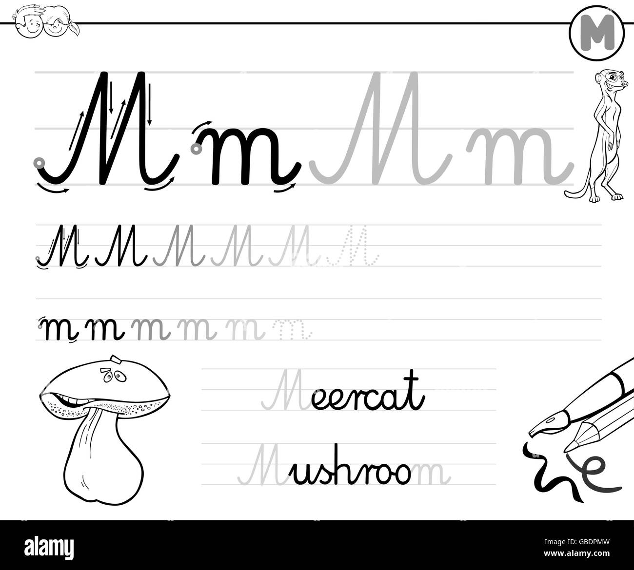 Bianco e Nero Cartoon illustrazione di abilità di scrittura pratica con la lettera M di foglio di lavoro per i bambini Libro da colorare Illustrazione Vettoriale
