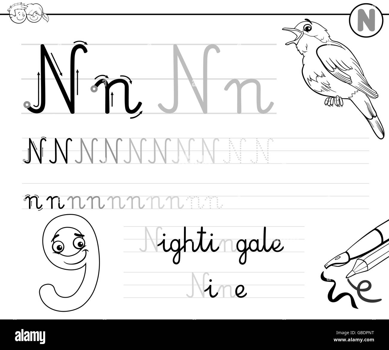 Bianco e Nero Cartoon illustrazione di abilità di scrittura pratica con lettera n Foglio di lavoro per i bambini Libro da colorare Illustrazione Vettoriale