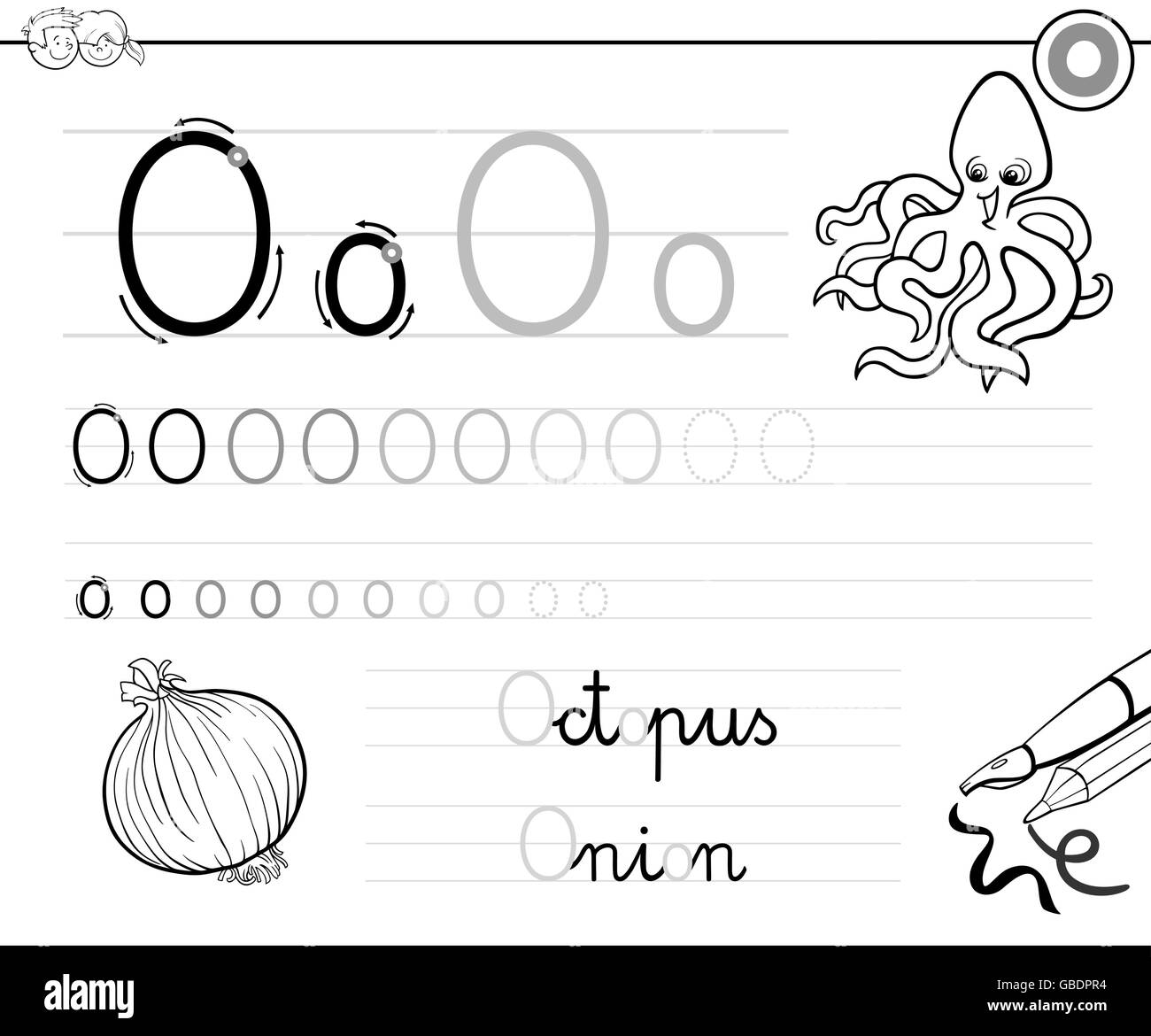 Bianco e Nero Cartoon illustrazione di abilità di scrittura pratica con lettera o foglio di lavoro per i bambini Libro da colorare Illustrazione Vettoriale