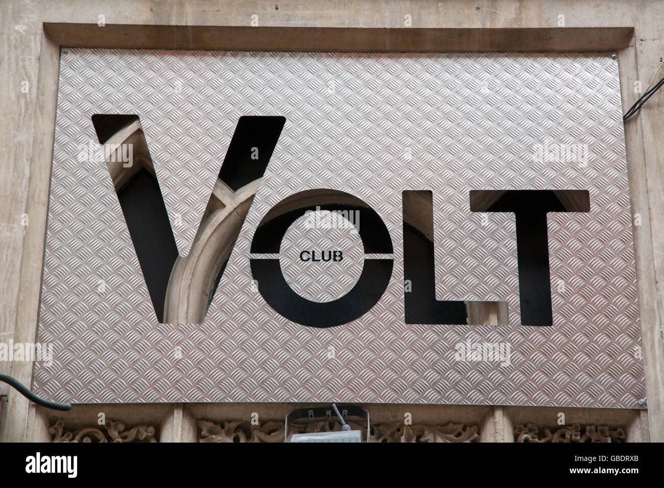 Volt Club segno, Broadway Street; Lace Market District, Nottingham; Inghilterra; Regno Unito Foto Stock