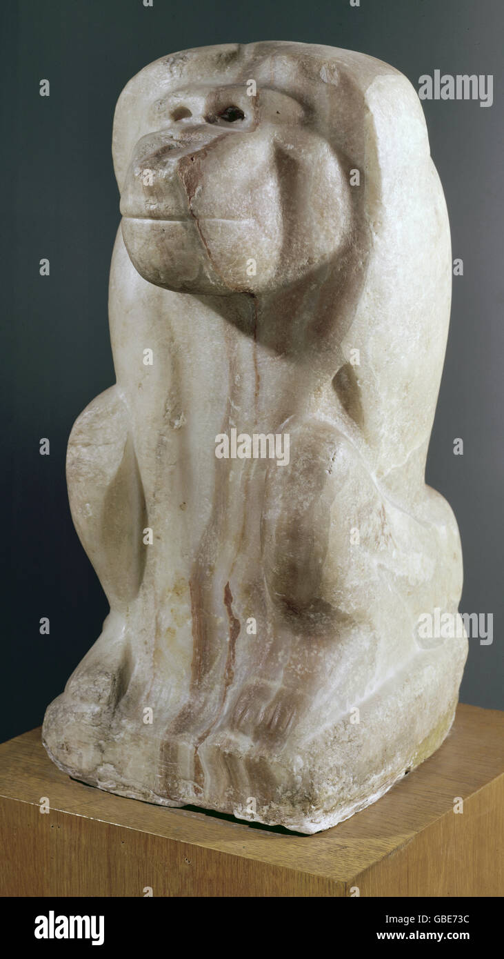 Belle arti, Egitto, scultura in alabastro, babbuino con il nome di Re Narmer, 1000 BC, Foto Stock