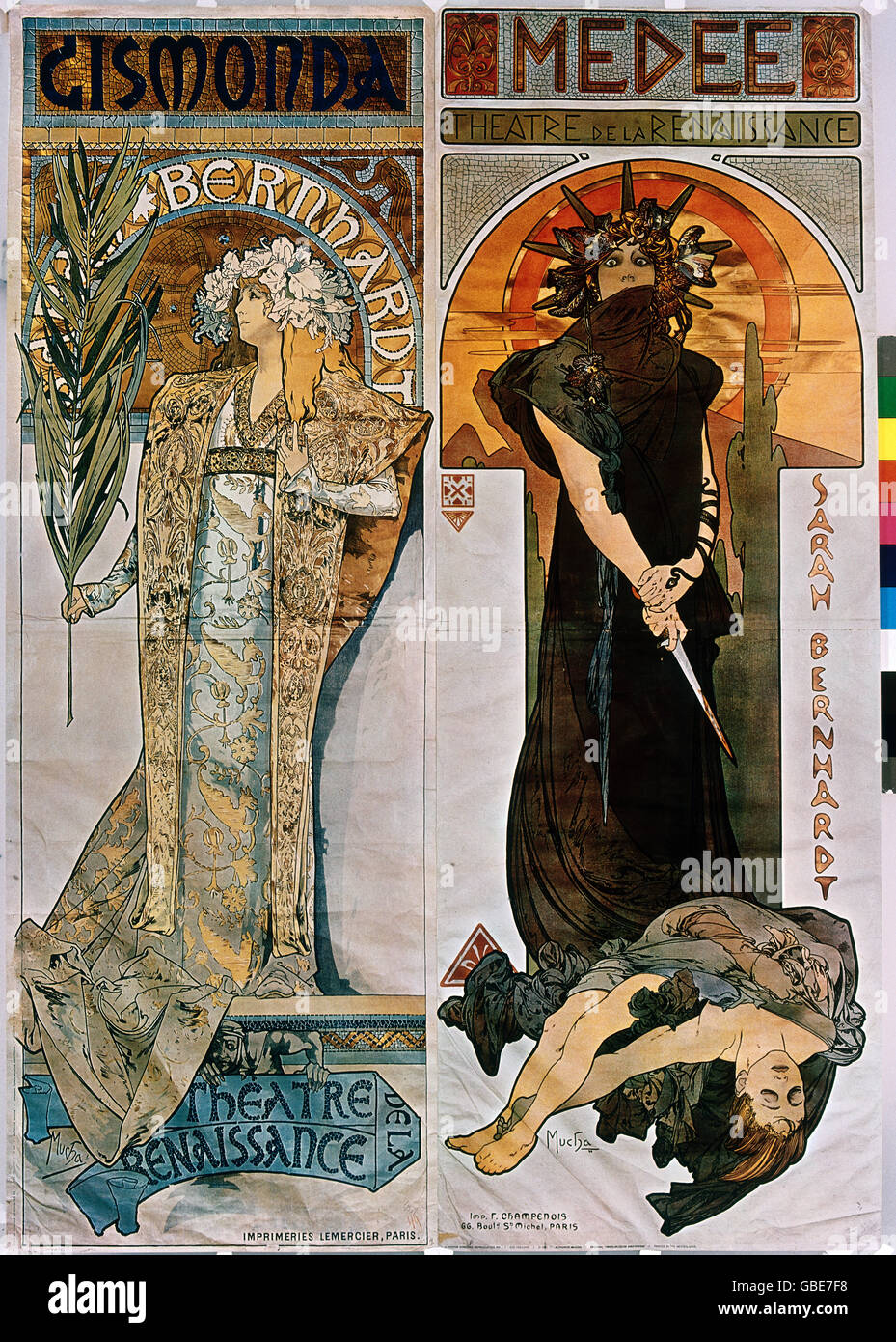 Belle arti, Mucha, Alfons (1860 - 1939), poster, manifesti pubblicitari per il Teatro de la Renaissance, Parigi, sinistra: 'Gismonda' con Sarah Bernhardt, 1894, destra: 'Medee', 1898, Foto Stock