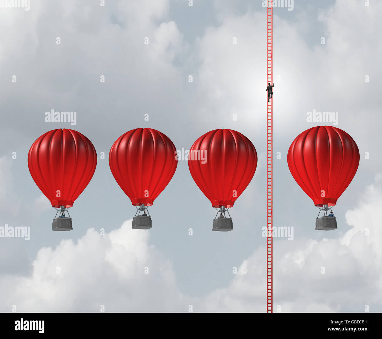 Alternare business route nozione come un imprenditore salendo una lunga scala al di sopra di un gruppo di palloncini di aria come un pensiero innovativo metafora con 3D'illustrazione degli elementi. Foto Stock