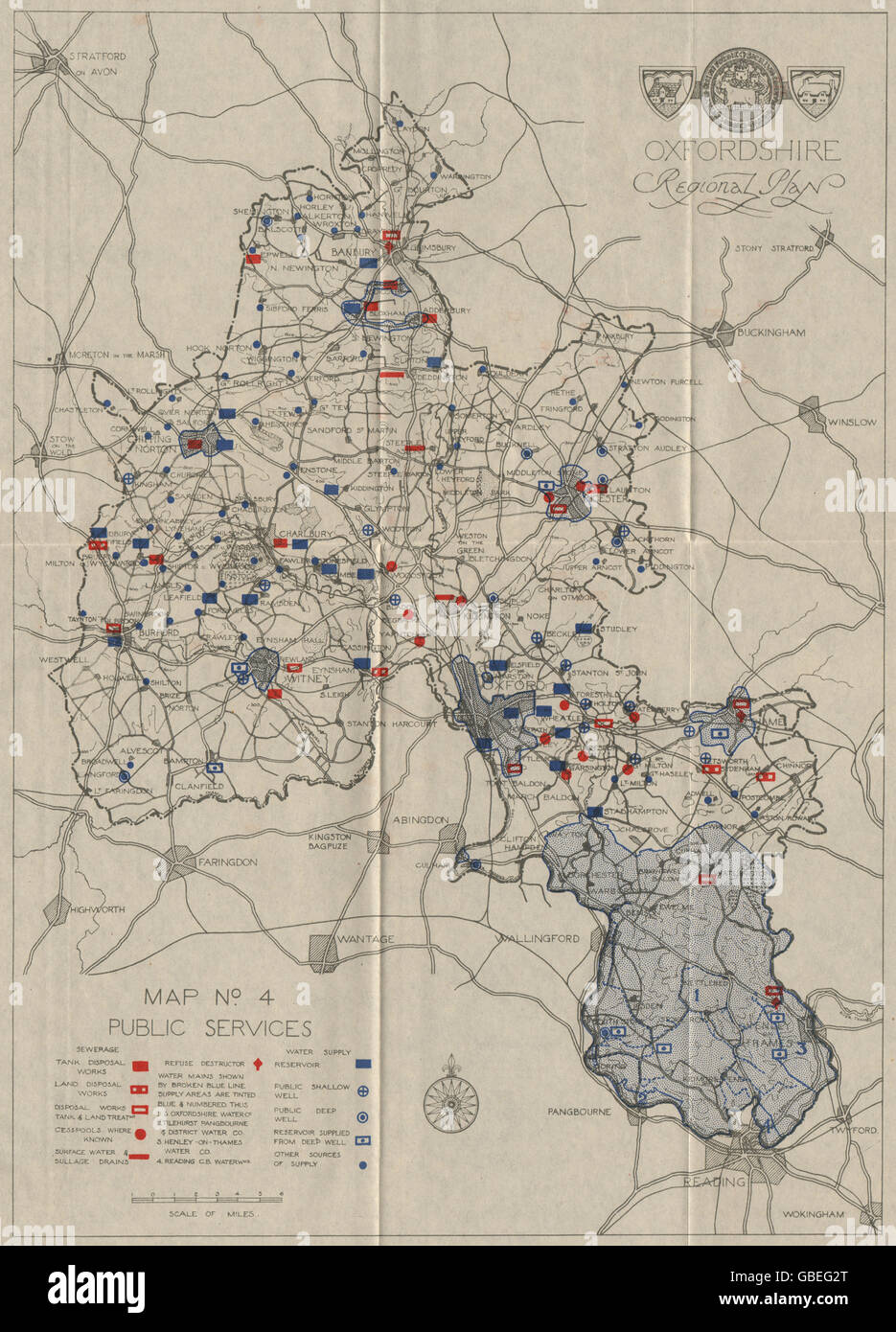 OXFORDSHIRE SERVIZI PUBBLICI: rifiuti di acque reflue e di approvvigionamento di acqua. ABERCROMBIE, 1931 Mappa Foto Stock