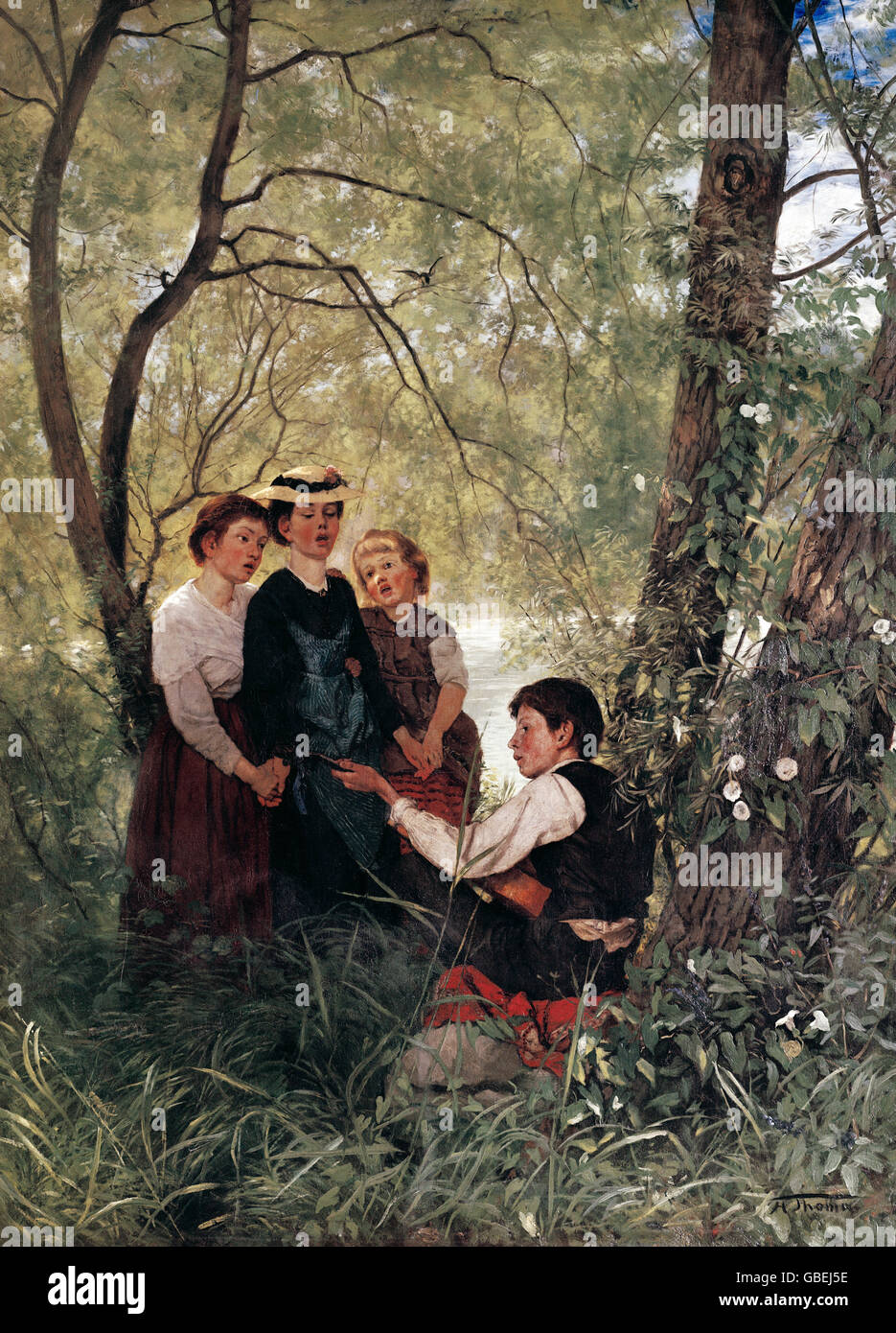 Belle arti, Thoma, Hans (1839 - 1924), pittura, "Singing nel Giardino', circa 1875, Landesmuseum Hannover, Germania, Foto Stock