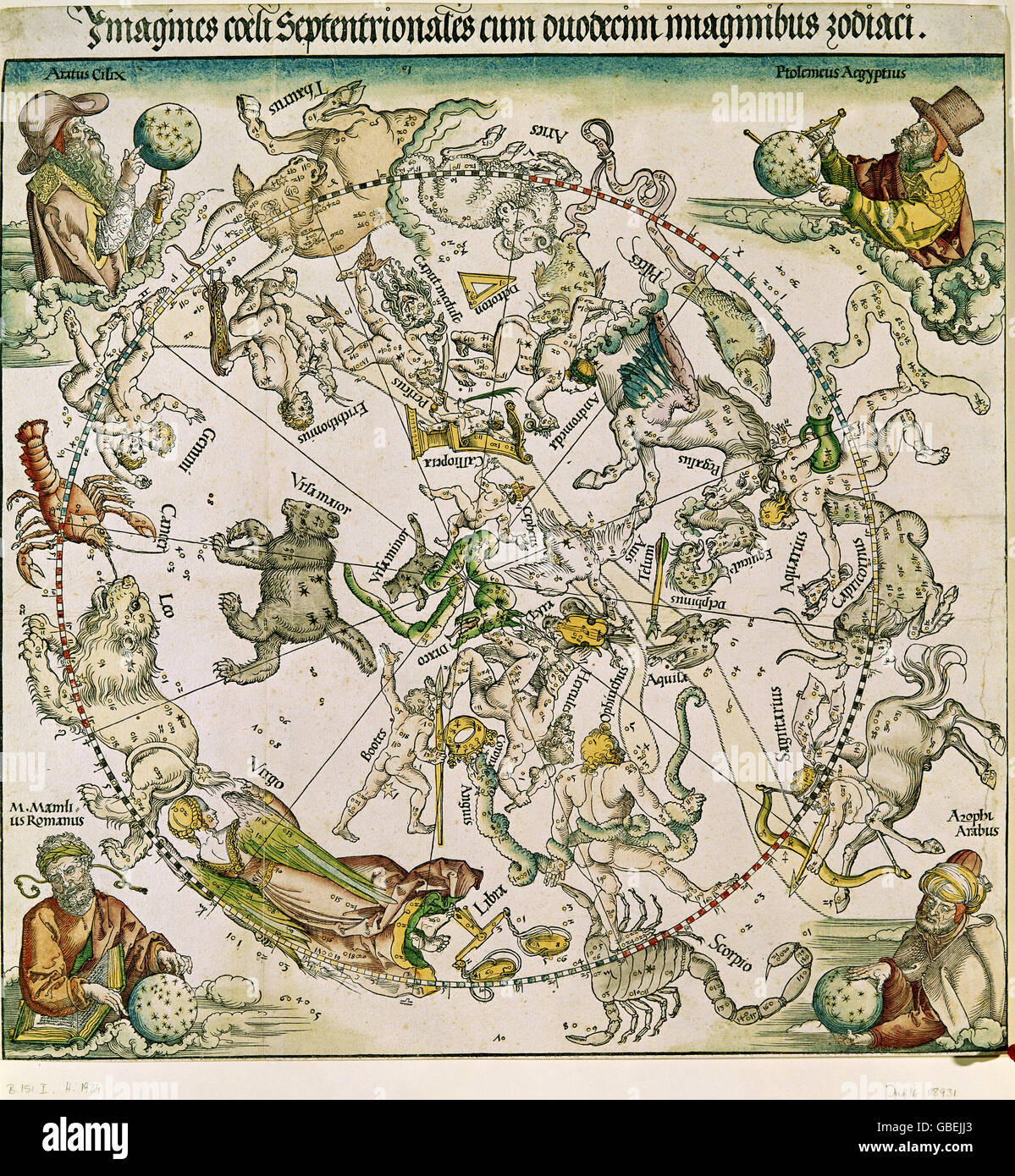 Astronomia, costellazioni, nel nord della sfera celeste con le immagini di astronomi, incisione su rame, colorato da Albrecht Dürer (1471 - 1528), 1515 stato grafico raccolta, Monaco di Baviera, artista del diritto d'autore non deve essere cancellata Foto Stock