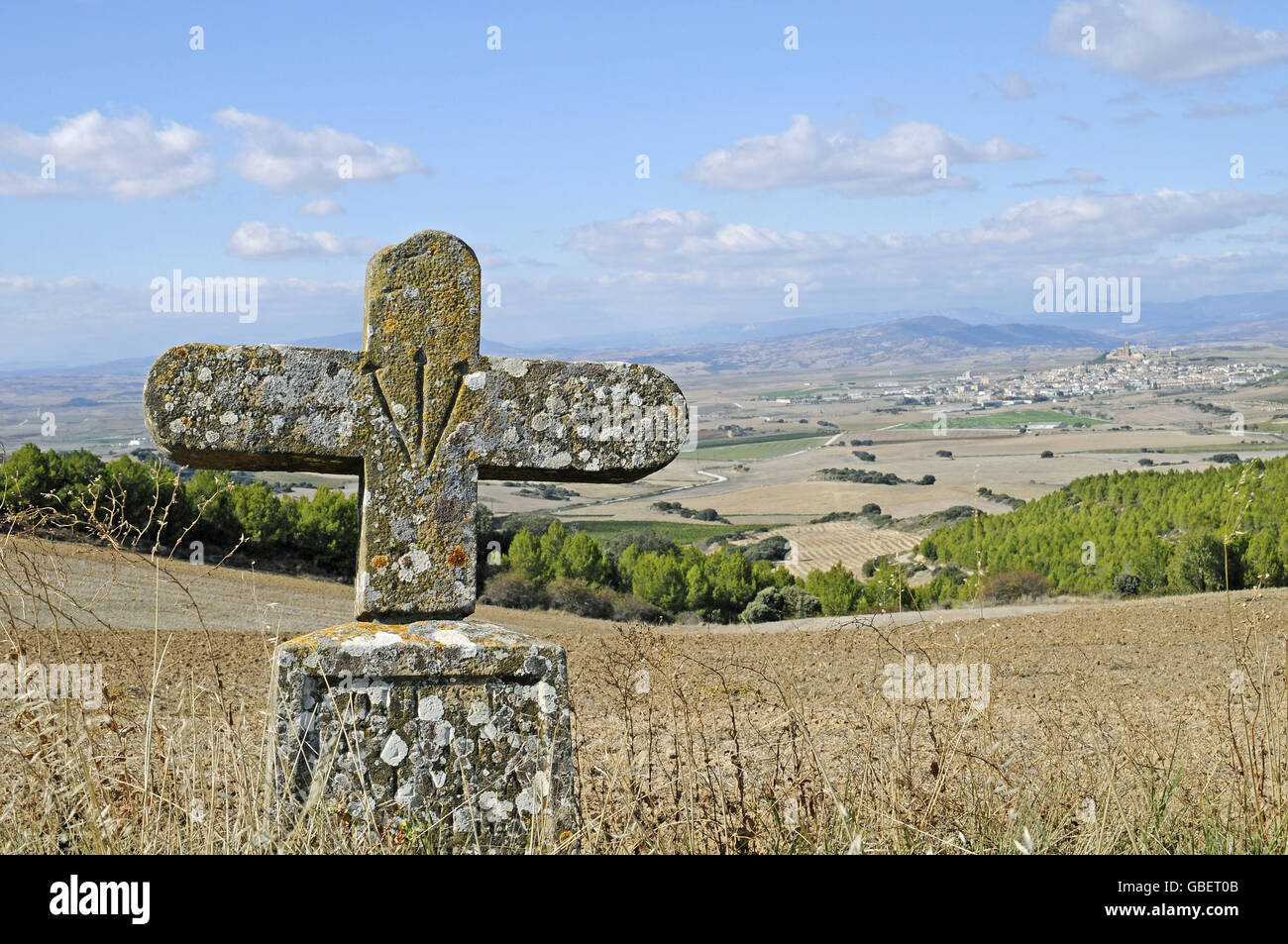 Guscio di capesante e croce, Via di San Giacomo, Olite, Navarra, Spagna Foto Stock