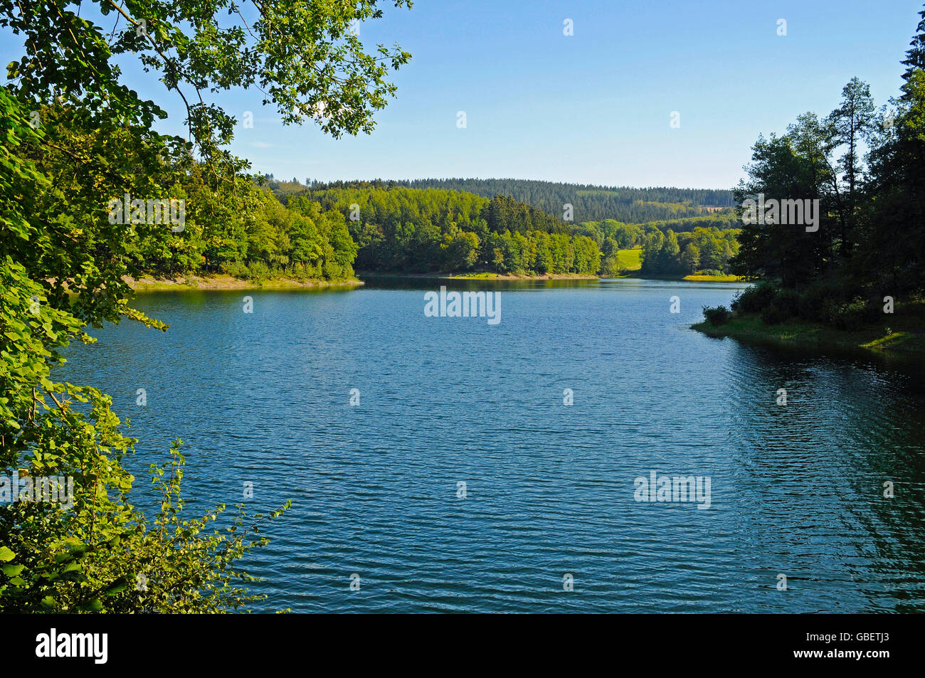 Serbatoio Furwigge, lago di ritegno, Meinerzhagen, Ebbegebirge Nature Park Sauerland regione Renania settentrionale-Vestfalia, Germania / Fürwiggetalsperre Foto Stock
