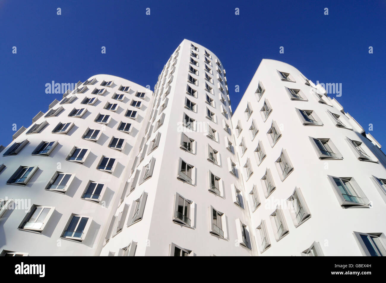 Gehry edifici, architetto Frank O. Gehry, Neuer Zollhof, Medienhafen district, Duesseldorf, nella Renania settentrionale-Vestfalia, Germania / Düsseldorf Foto Stock