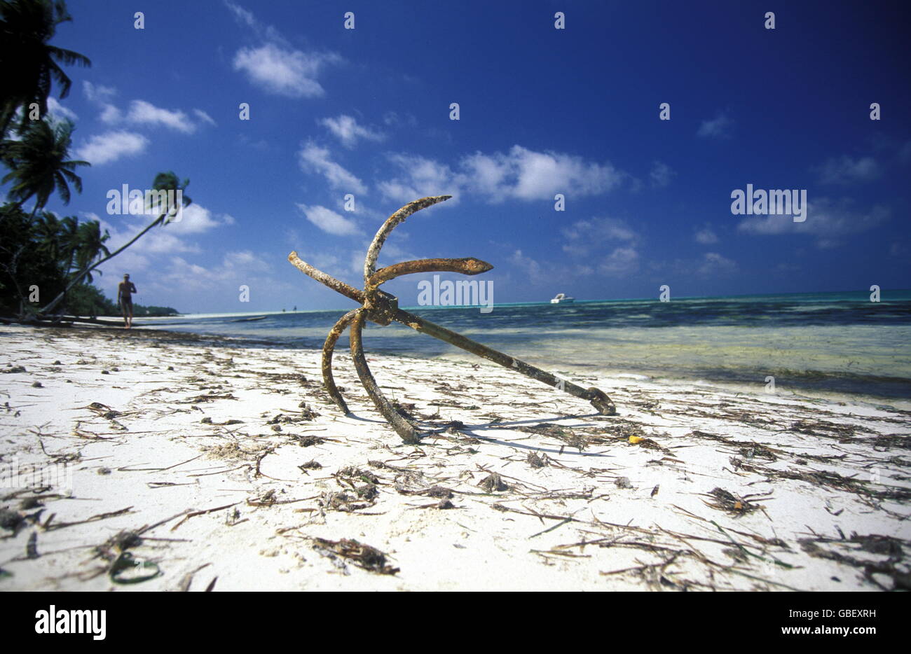 Una spiaggia con il paesaggio marino dell'isola e atollo delle Isole delle Maldive nell'oceano indiano. Foto Stock