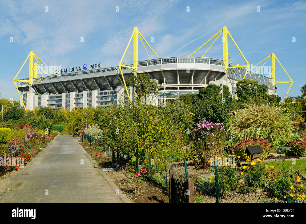 Signal Iduna Park, Westfalenstadion, stadium, BVB, Borussia, lo stadio di calcio, riparto area giardino, Dortmund, Renania settentrionale-Vestfalia, Germania Foto Stock