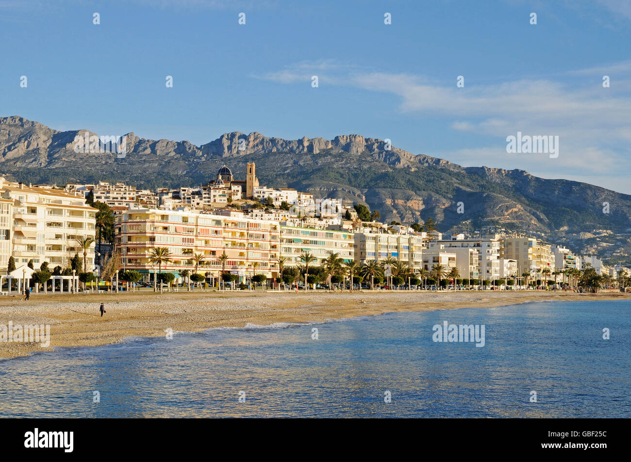 Townscape, la luce del mattino, mare, spiaggia, costa, Altea, Costa Blanca, Provincia di Alicante, Spagna, Europa Foto Stock