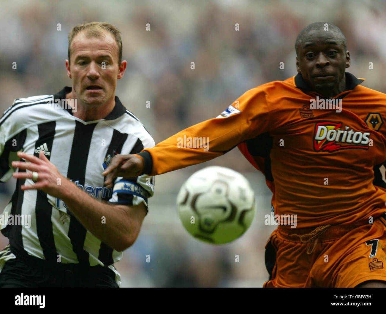 Alan Shearer e Wolverhampton Wanderers' Shaun Newton di Newcastle United Foto Stock