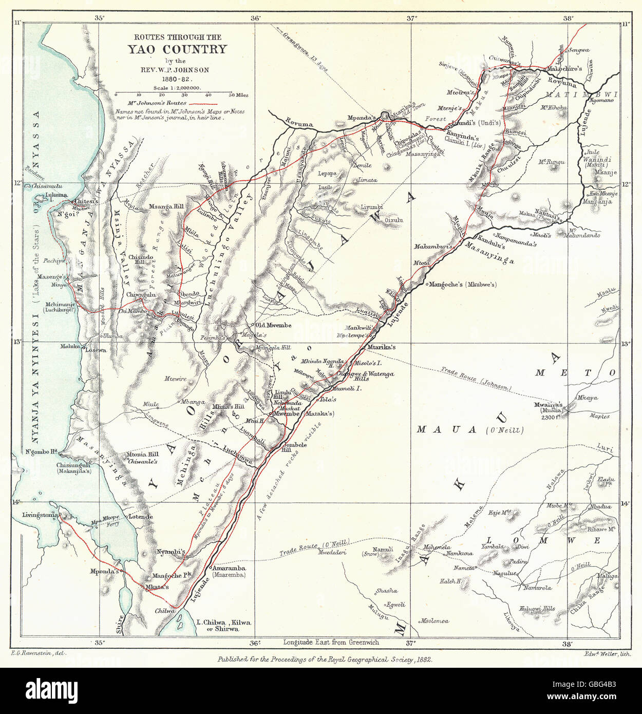 YAO PAESE:il Mozambico e il Malawi.Johnson route.Lago Nyasa.waYao.RGS, 1882 Mappa Foto Stock