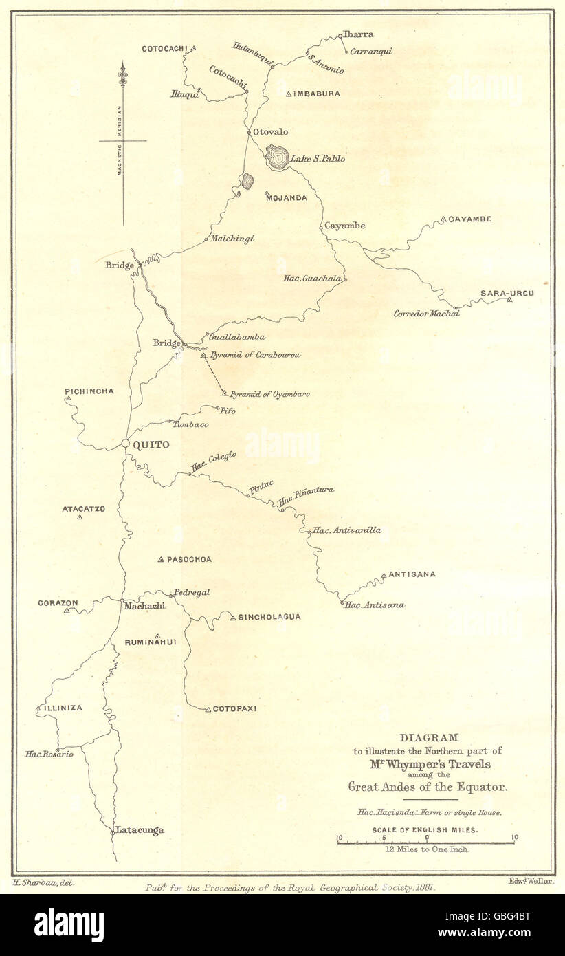 ECUADOR: Schema di Whymper viaggi nelle Ande. RGS, 1881 Mappa antichi Foto Stock