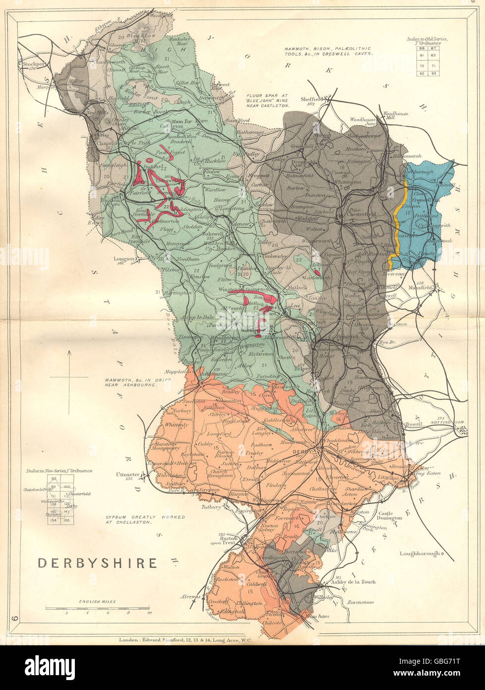 DERBYSHIRE: mappa geologica. STANFORD, 1880 Foto Stock