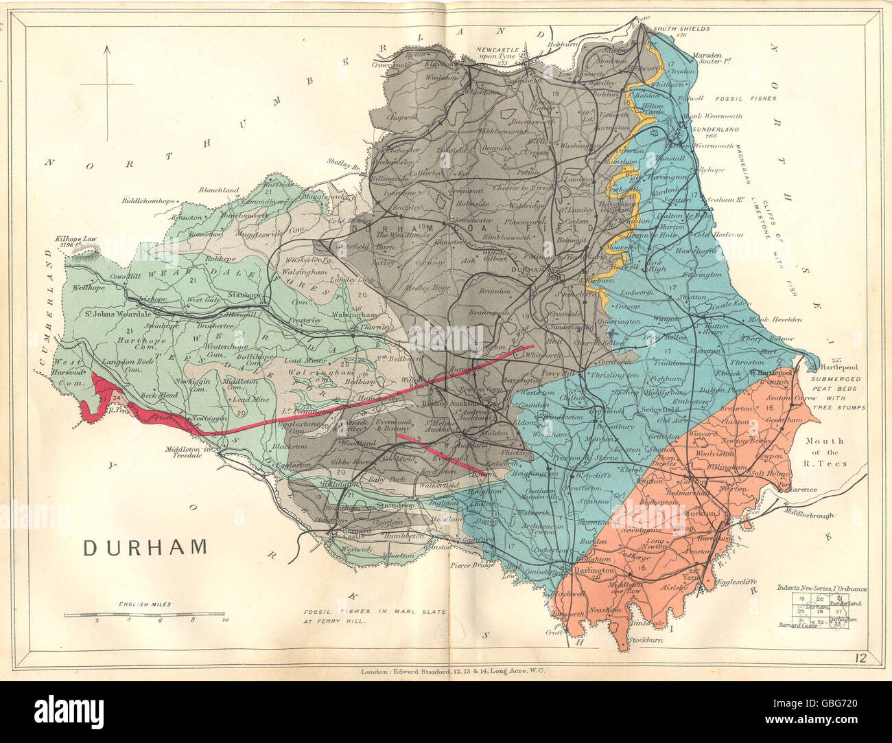 Contea di Durham: mappa geologica. STANFORD, 1880 Foto Stock