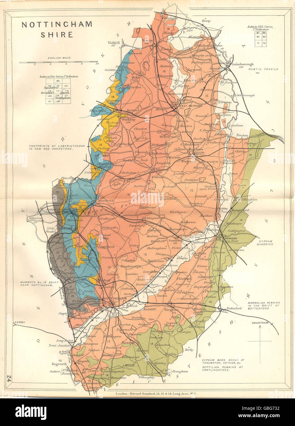 NOTTINGHAMSHIRE: mappa geologica. STANFORD, 1880 Foto Stock