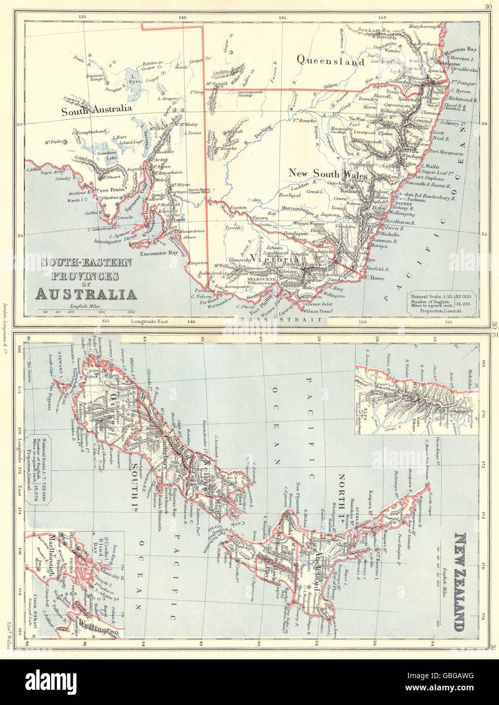 AUSTRALIA & NUOVA ZELANDA: NSW Victoria SA QLD; Canterbury Alpi. BUTLER, 1888 Mappa Foto Stock