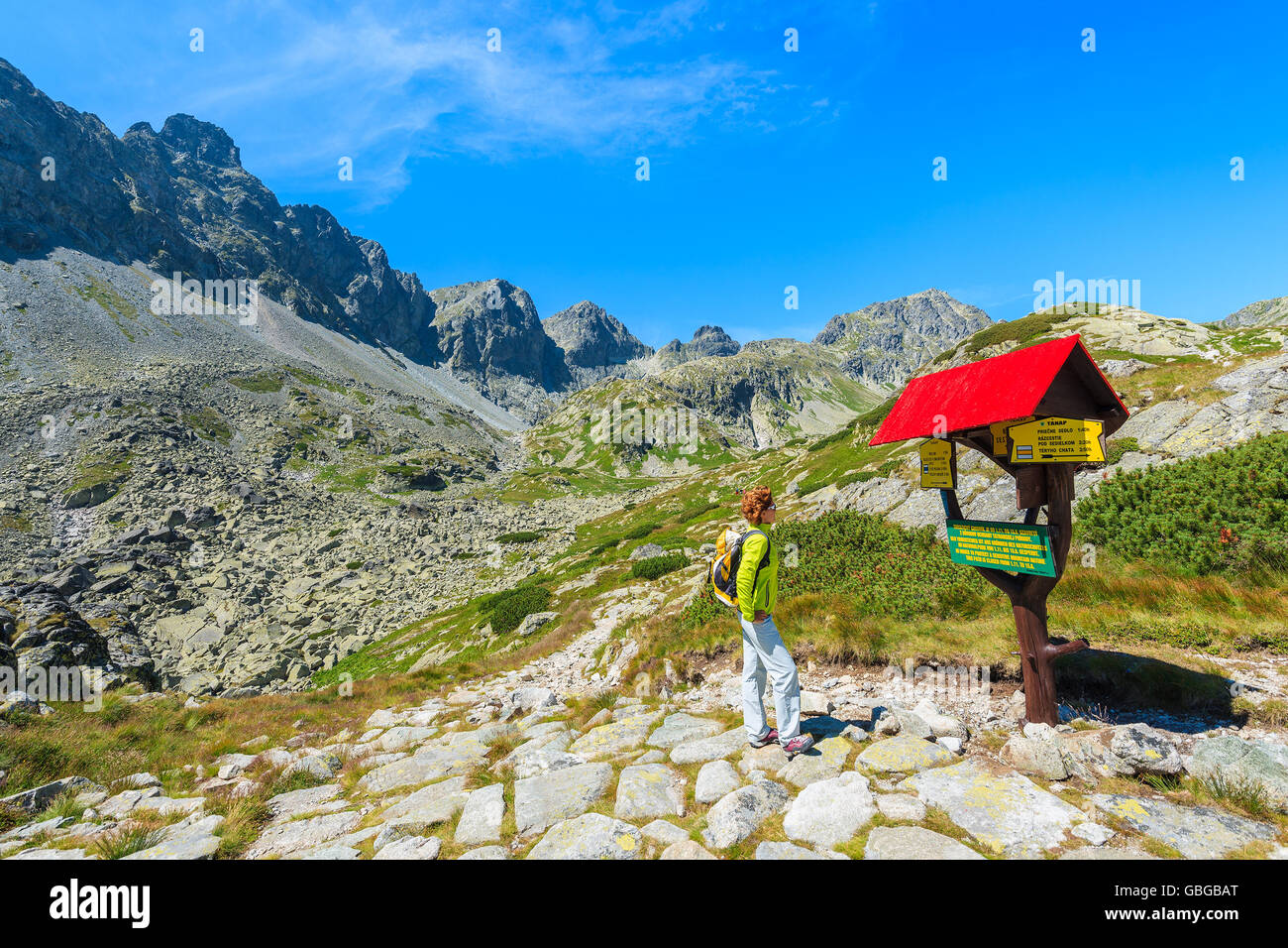 Giovane donna per turisti in cerca di segni con tempo di camminata le distanze e le direzioni in valle Starolesna, Monti Tatra Mountains National Foto Stock