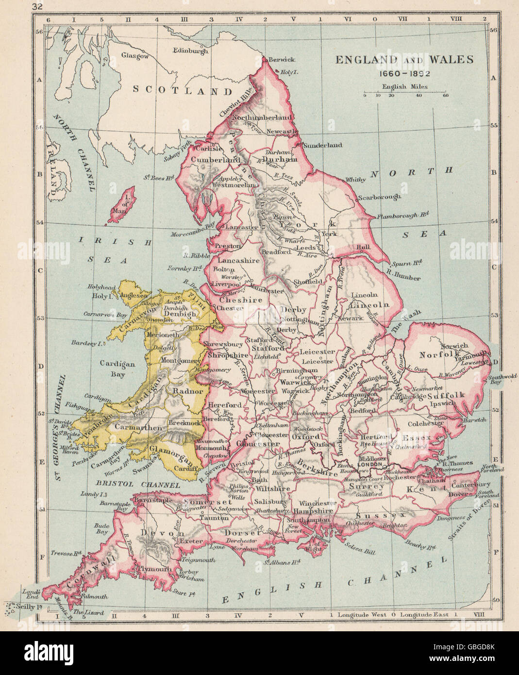 Inghilterra e Galles 1660-1892: contee e città, 1907 Mappa antichi Foto Stock