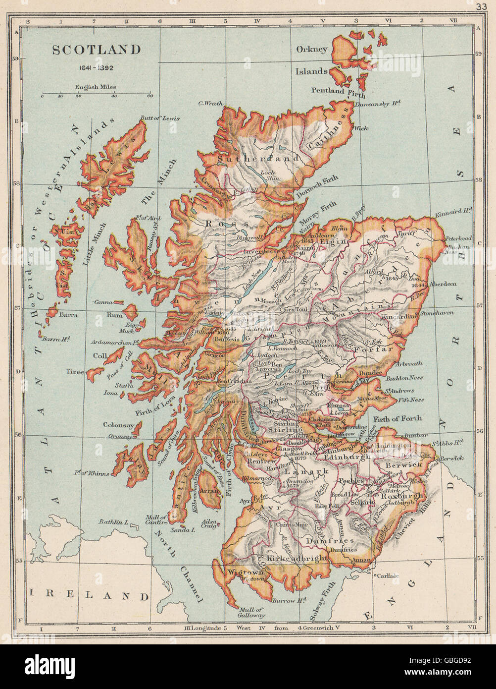 Scozia 1641-1892: Mostra città contee. Le battaglie con le date, 1907 mappa vecchia Foto Stock