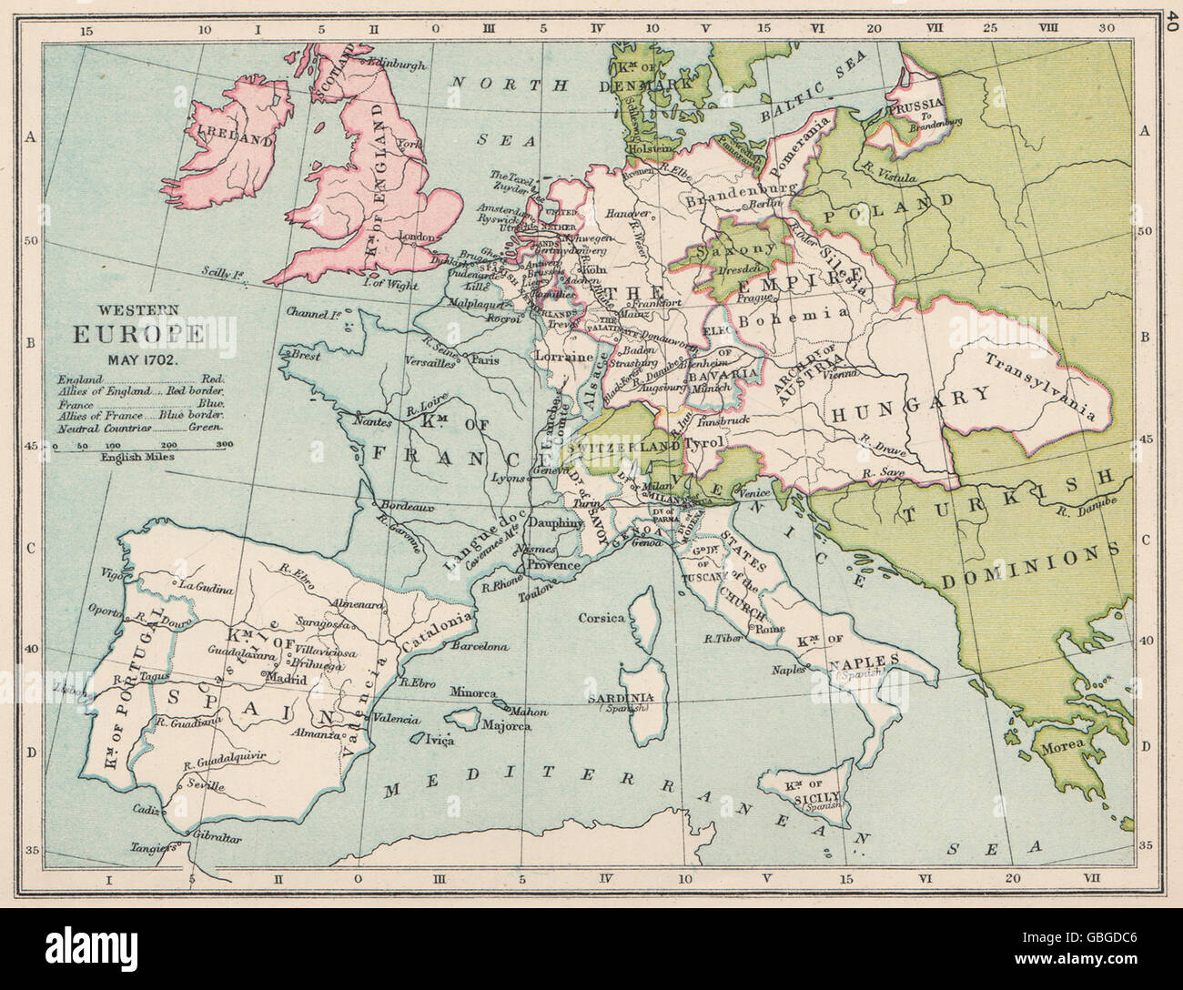 Europa occidentale può 1702: Inghilterra e alleati (rosso) Francia (blu) , 1907 mappa vecchia Foto Stock