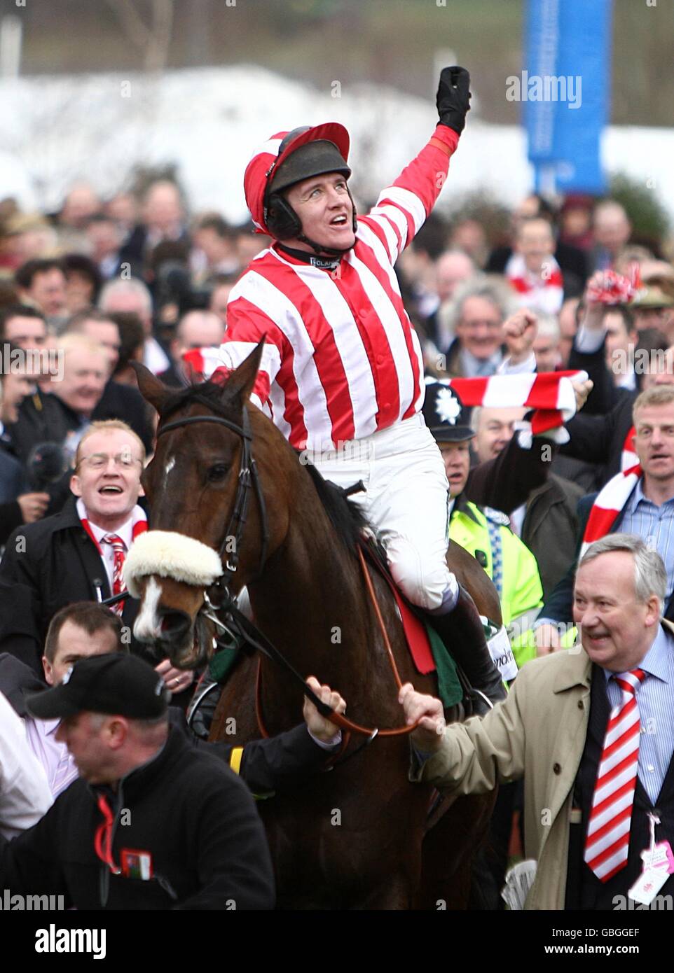 Corse di cavalli - Cheltenham Festival 2009 - Day One - Cheltenham Racecourse. Il jockey Barry Geraghty festeggia la vittoria dell'Irish Independent Arkle Challenge Trophy Chase su Forpadydeplasterer. Foto Stock