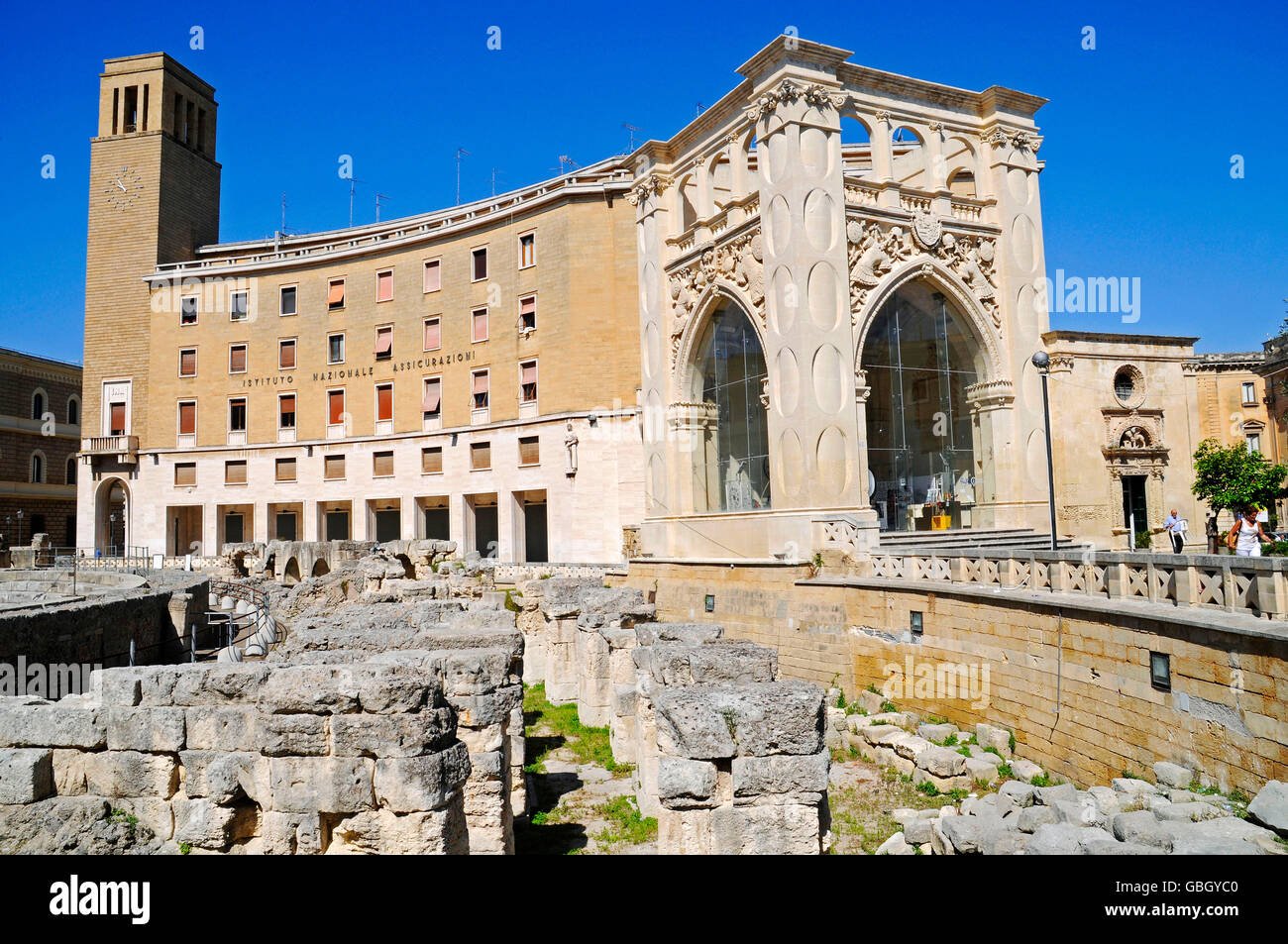 Anfiteatro romano, informazioni turistiche, Piazza sant Oronzo, quadrato, Lecce, Puglia, Italia Foto Stock