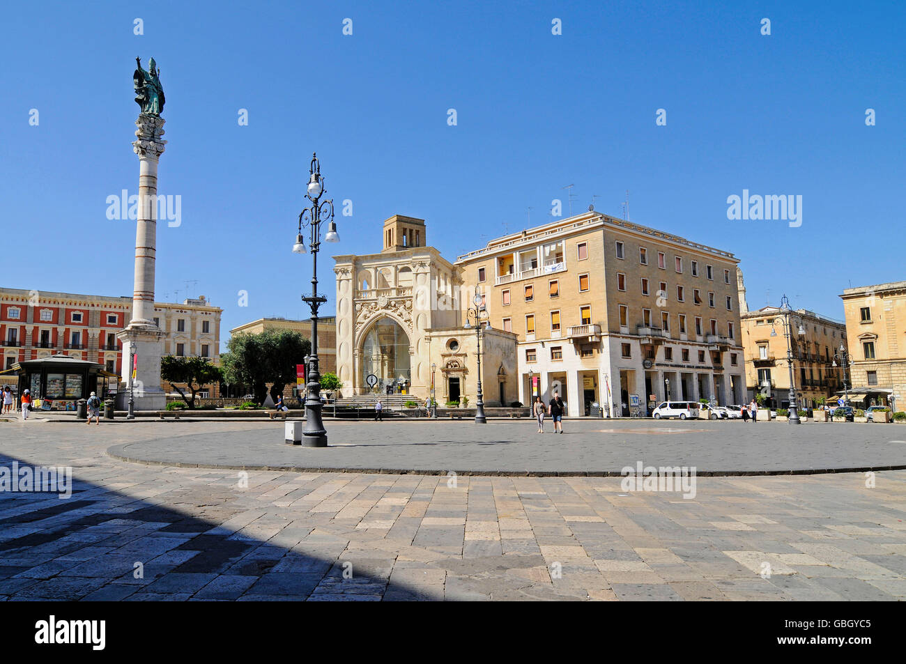 Sant Oronzo colonna, memorial, informazioni turistiche, Piazza sant Oronzo, quadrato, Lecce, Puglia, Italia Foto Stock