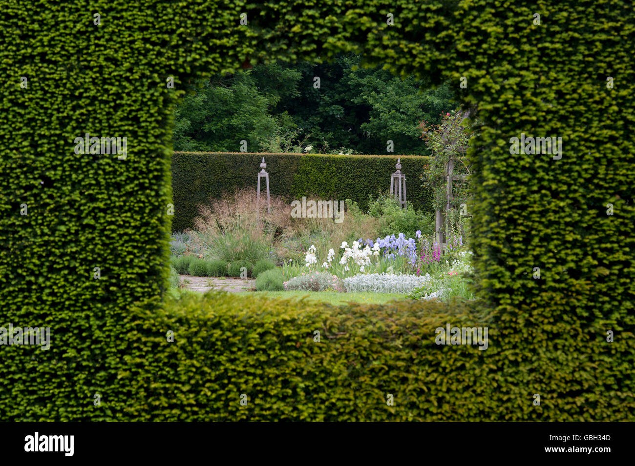 Guardando attraverso un foro nella copertura in un giardino a Waterperry giardini, Wheatley, Oxfordshire. Inghilterra Foto Stock