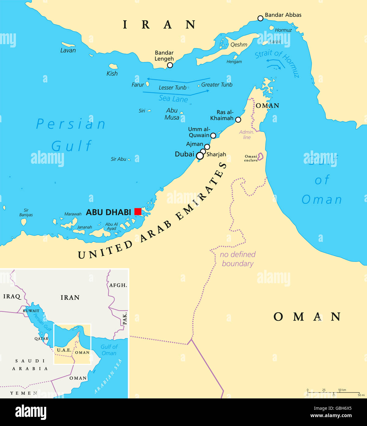 Stretto di Hormuz, Abu Musa e il Tunbs mappa politico. Solo il passaggio  del mare dal Golfo Persico al Mare Arabico Foto stock - Alamy
