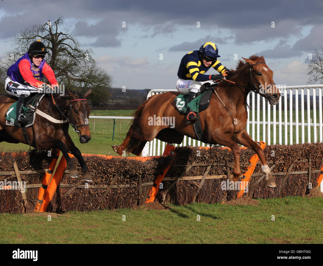 Velocità Bonnie Boat guidato da Mark Bradburne conduce sopra Seconda ultima recinzione da Midsummer Magic guidata da A.P.McCoy (Indossando i colori Queens) In Ladbrokes Odds-on aumenta le tue vincite handicap di Mares Novices Gara di ostacoli Foto Stock