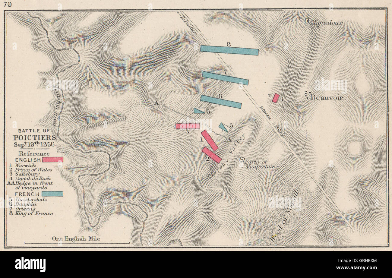 Battaglia di POITIERS Sept 19 1356 Inglese Francese v 100 anni di guerra. Piccolo, 1907 Mappa Foto Stock