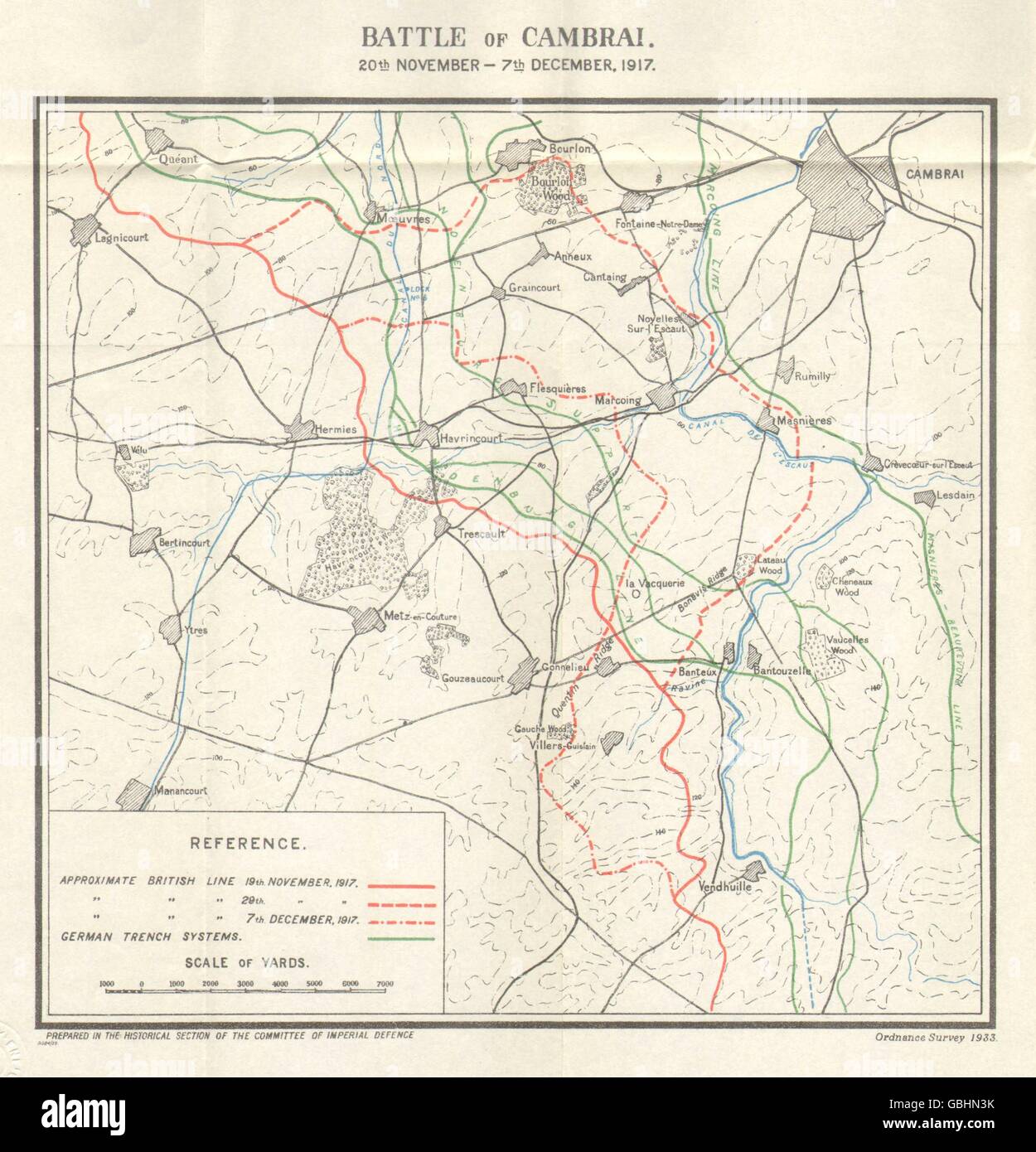 WW1 FRONTE OCCIDENTALE: la Battaglia di Cambrai, 20 novembre-7 dicembre 1917. Trincee, 1934 Mappa Foto Stock