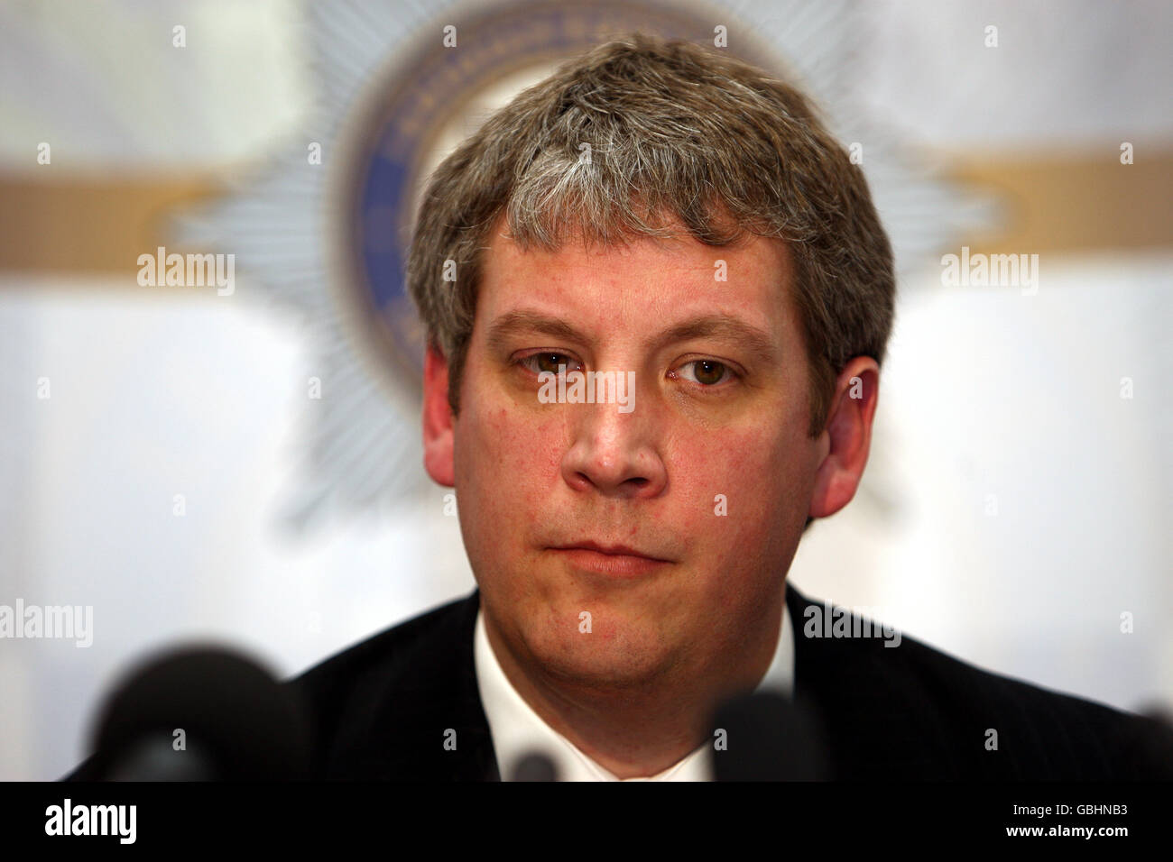 Il sovrintendente Andy Shrives della polizia di Herts & Bucks ad una conferenza stampa del quartier generale della polizia di Leicester circa la scoperta delle parti del corpo umano in Melton Mowbray nel Leicestershire. Foto Stock