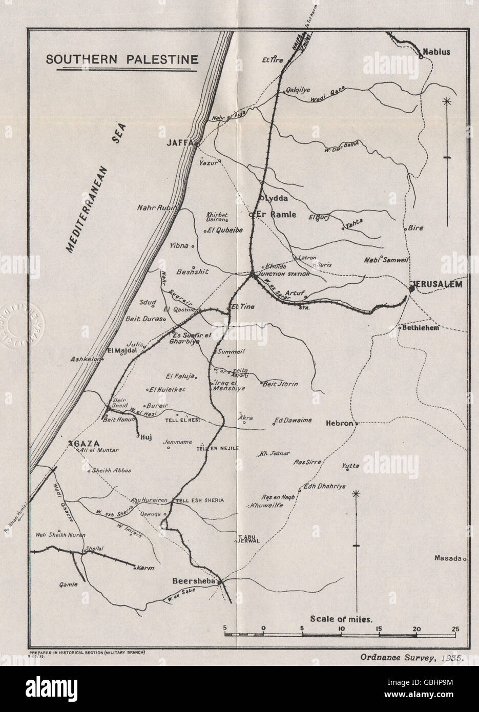 La prima guerra mondiale: Sud della Palestina. Le comunicazioni delle ferrovie, 1935 Vintage map Foto Stock