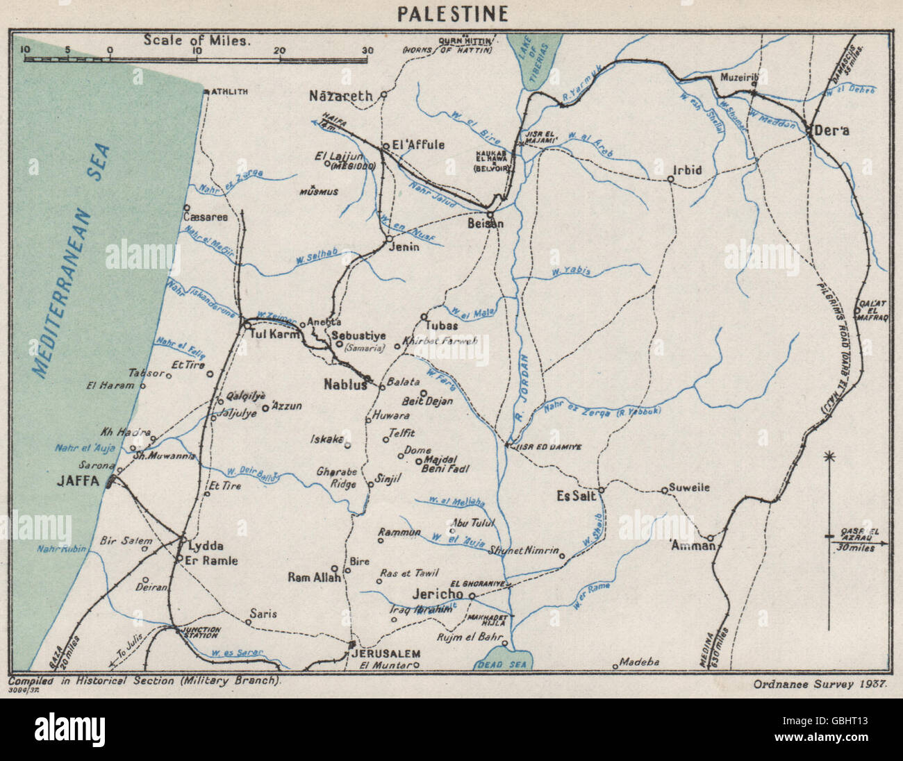 La prima guerra mondiale: Palestina. Le comunicazioni delle ferrovie. Jaffa a Gerusalemme, 1937 Mappa Foto Stock