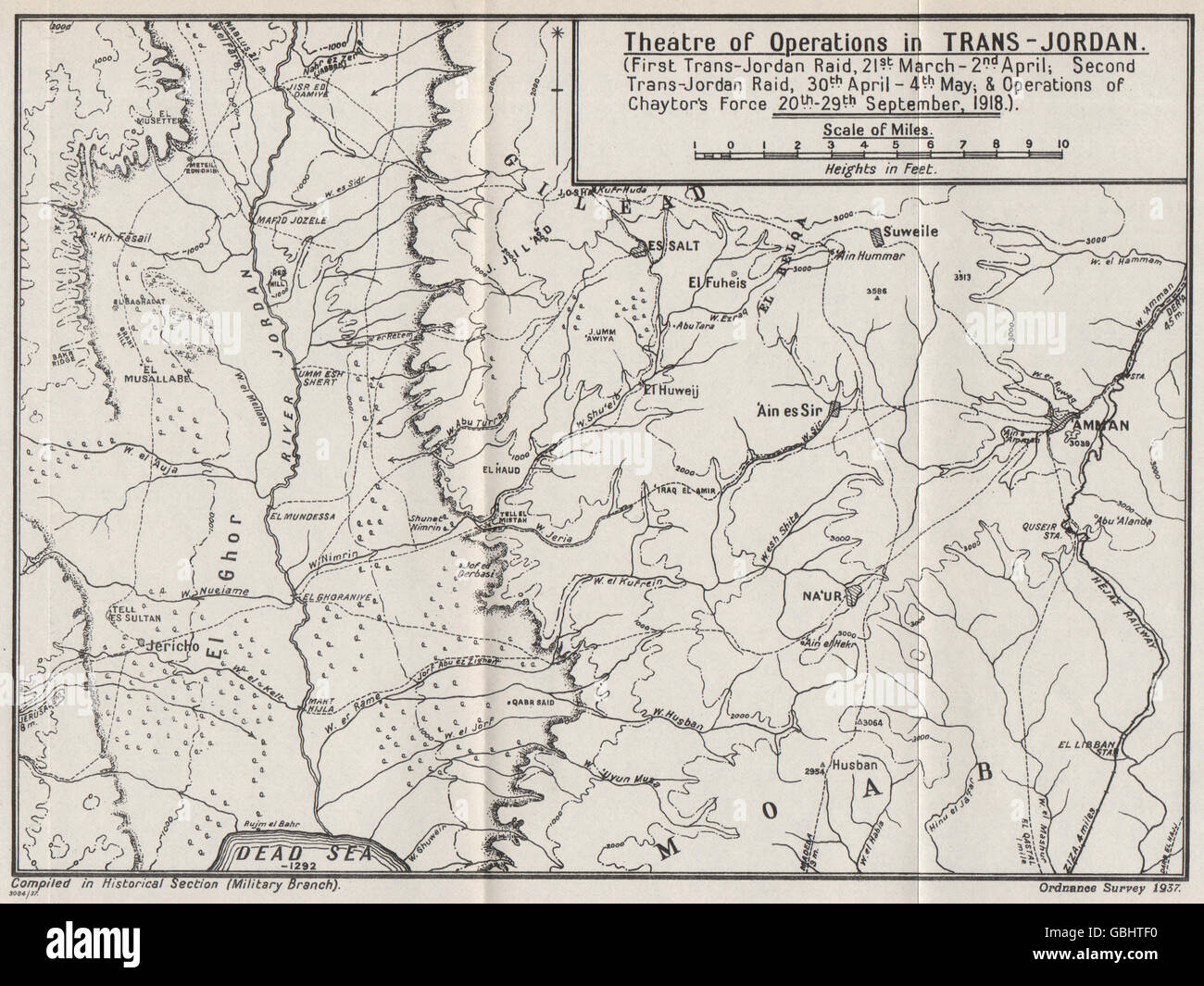 La prima guerra mondiale: Operazioni in Transgiordania 1918. Chaytor, 1937 Vintage map Foto Stock