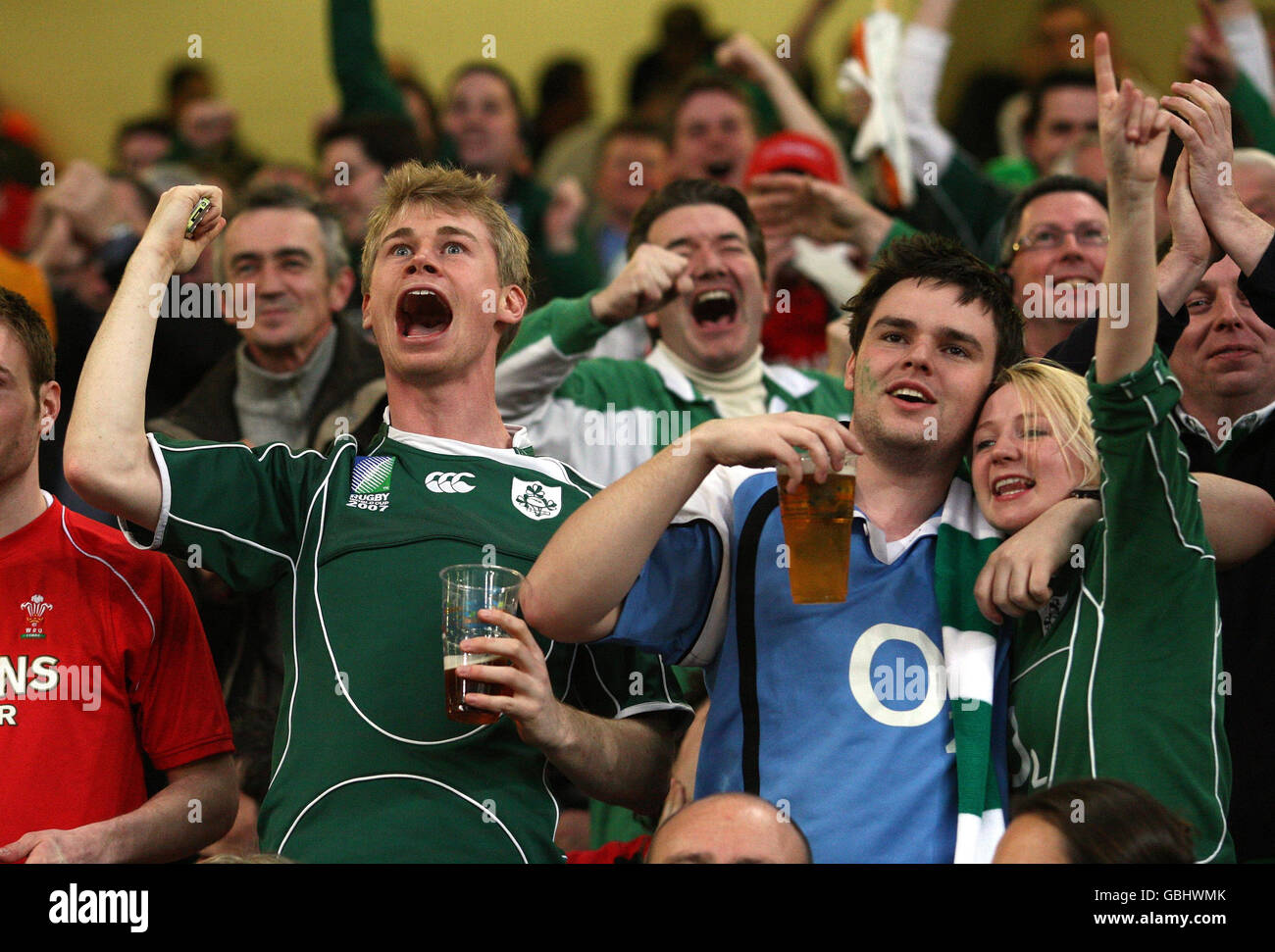 I fan irlandesi celebrano la prova di Tommy Bowe durante la partita RBS Six Nations al Millennium Stadium di Cardiff, Galles. Foto Stock