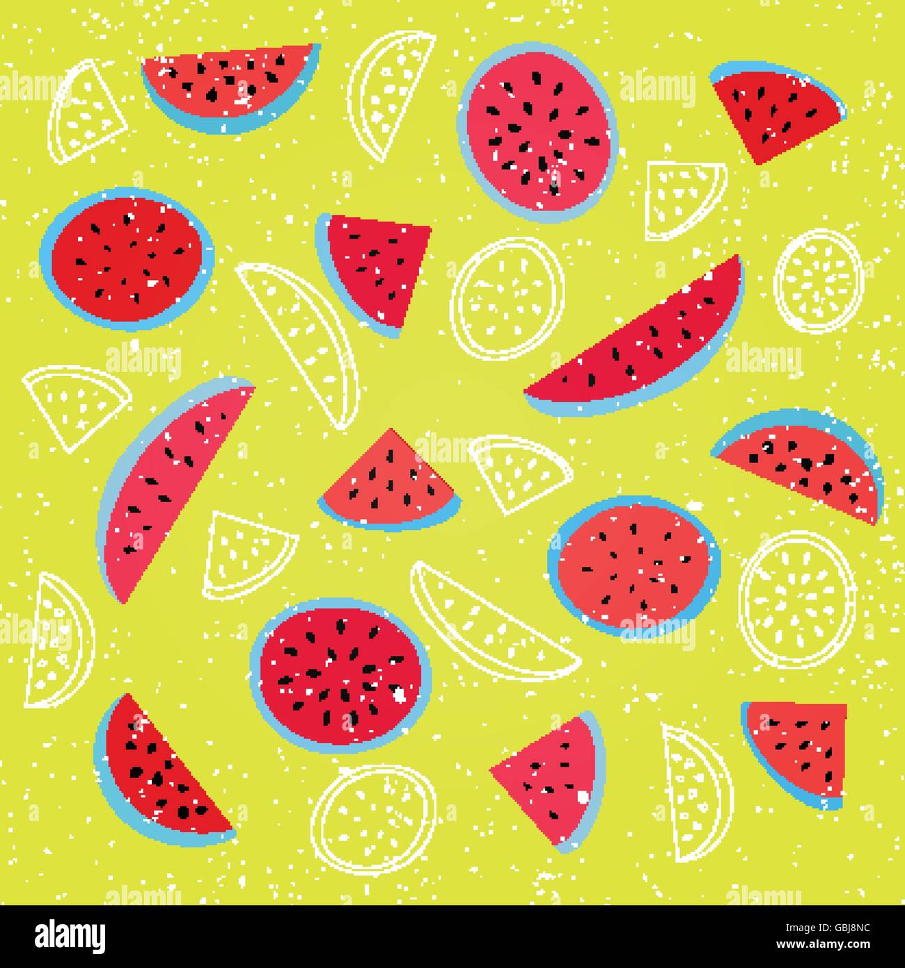 Modello senza cuciture con maturi cocomero simbolo su sfondo giallo. vettore stampa tessile ornamento. fashion, grunge wallpaper co Illustrazione Vettoriale
